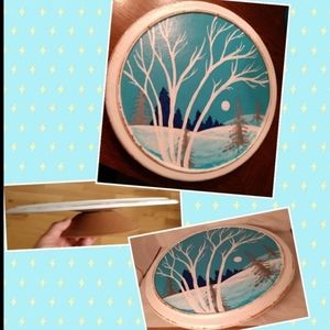 Hand painted winter scene on vtg pedestal plate Birch Trees upcycled